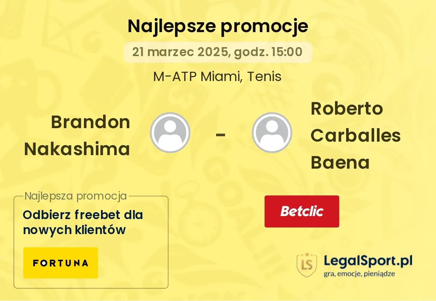 Brandon Nakashima - Roberto Carballes Baena promocje u bukmacherów