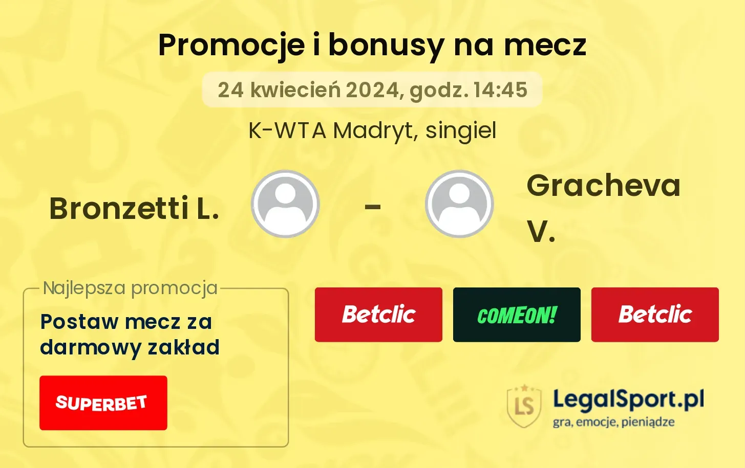 Bronzetti L. - Gracheva V. promocje bonusy na mecz