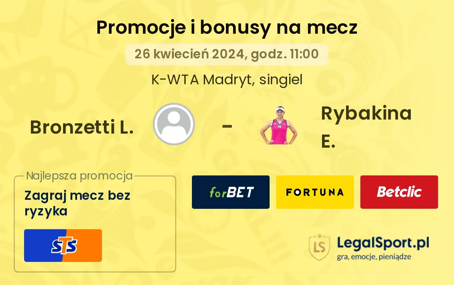 Bronzetti L. - Rybakina E. promocje bonusy na mecz