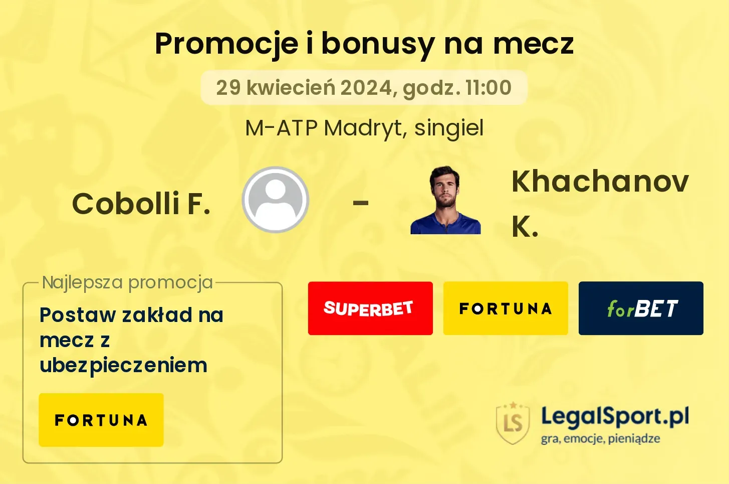 Cobolli F. - Khachanov K. promocje bonusy na mecz