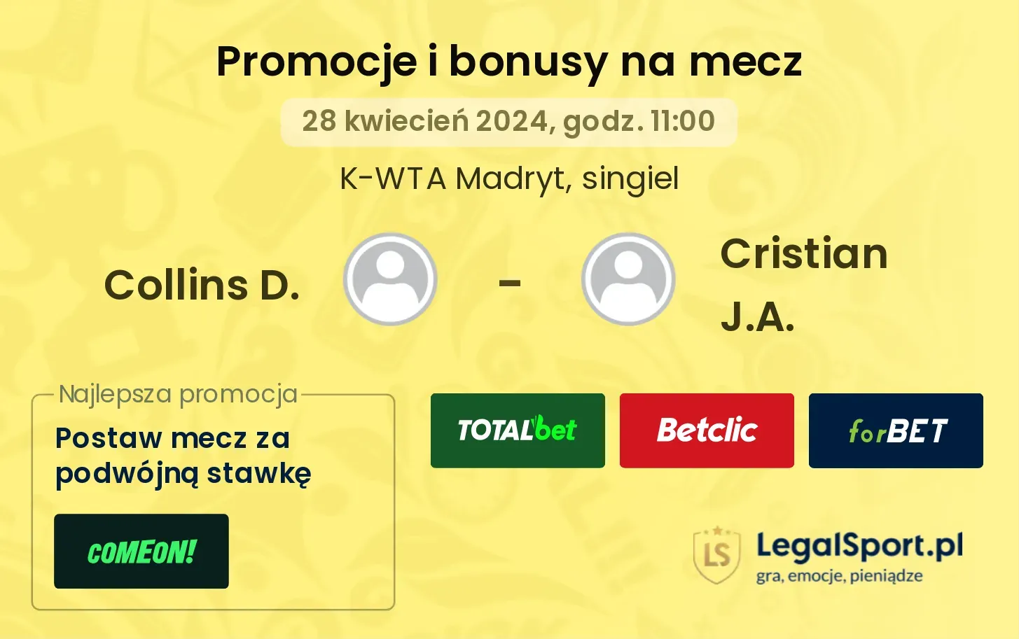 Collins D. - Cristian J.A. promocje bonusy na mecz