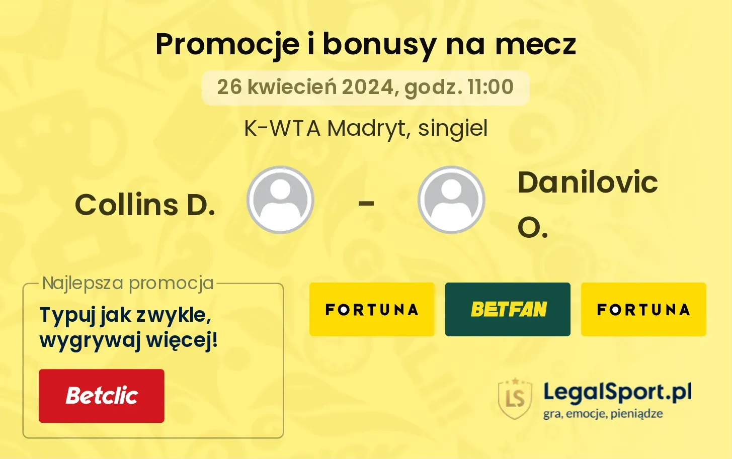 Collins D. - Danilovic O. promocje bonusy na mecz