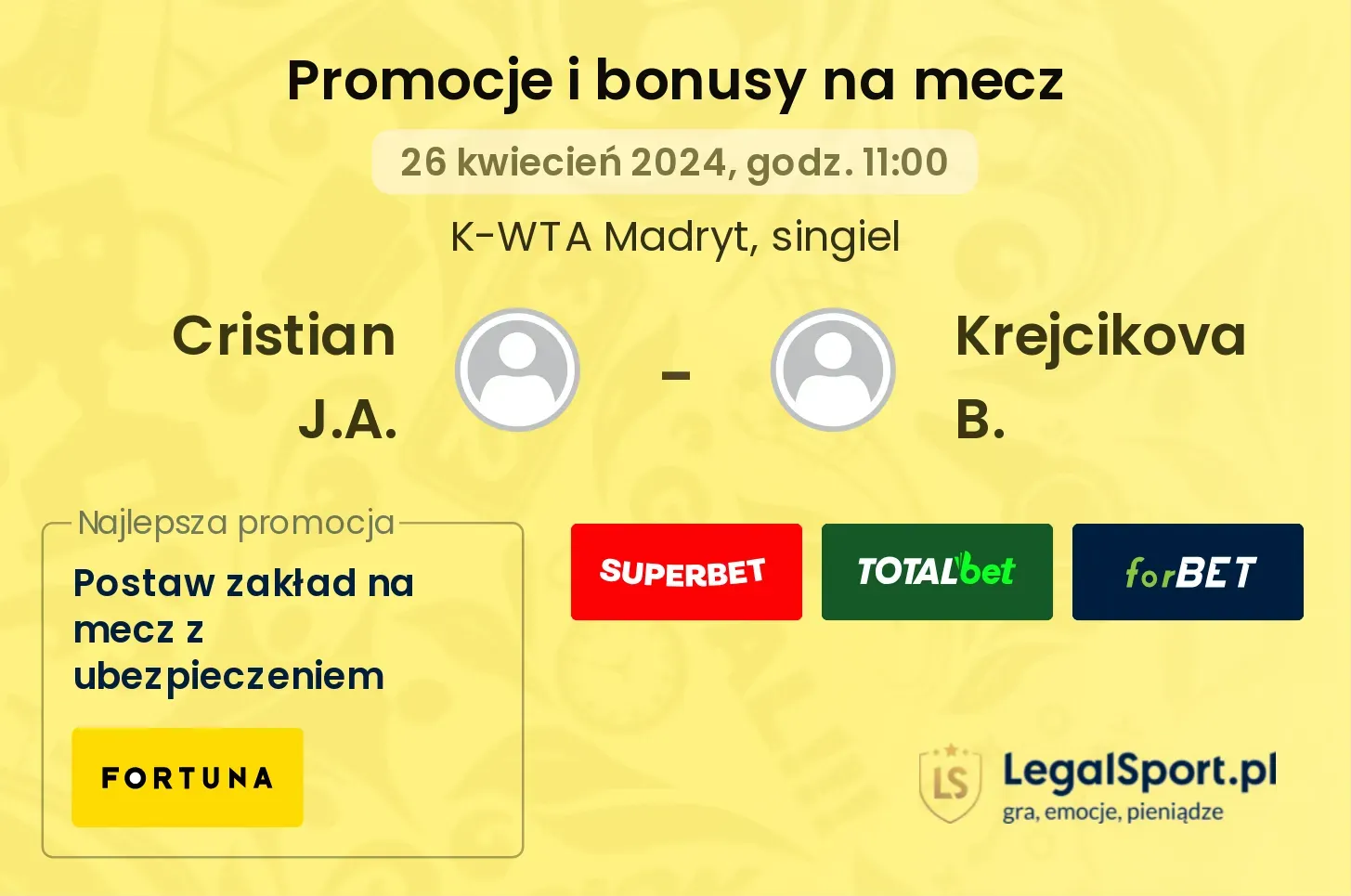 Cristian J.A. - Krejcikova B. promocje bonusy na mecz