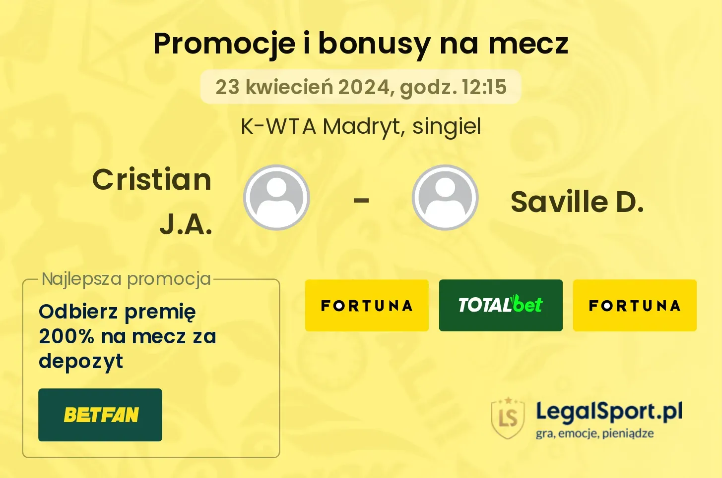 Cristian J.A. - Saville D. promocje bonusy na mecz