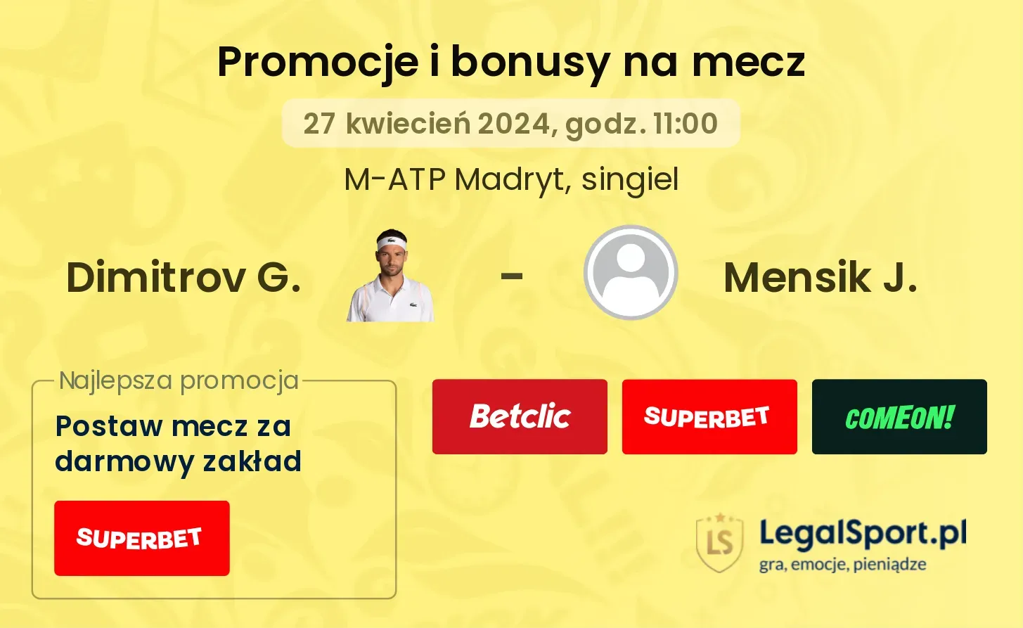 Dimitrov G. - Mensik J. promocje bonusy na mecz