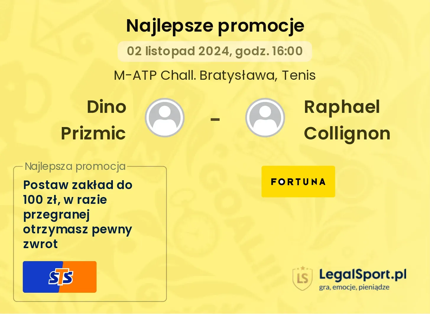 Dino Prizmic - Raphael Collignon promocje u bukmacherów 02.11, 16:00