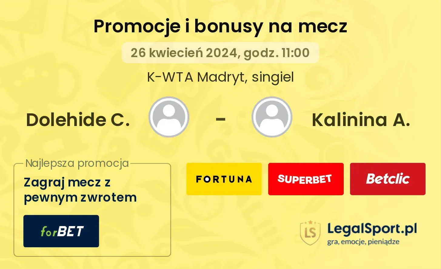 Dolehide C. - Kalinina A. promocje bonusy na mecz