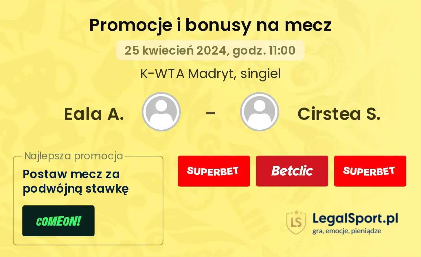Eala A. - Cirstea S. promocje bonusy na mecz