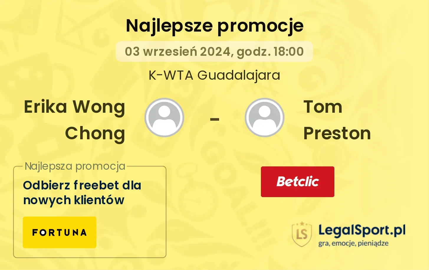 Erika Wong Chong - Tom Preston promocje u bukmacherów 03.09, 18:00