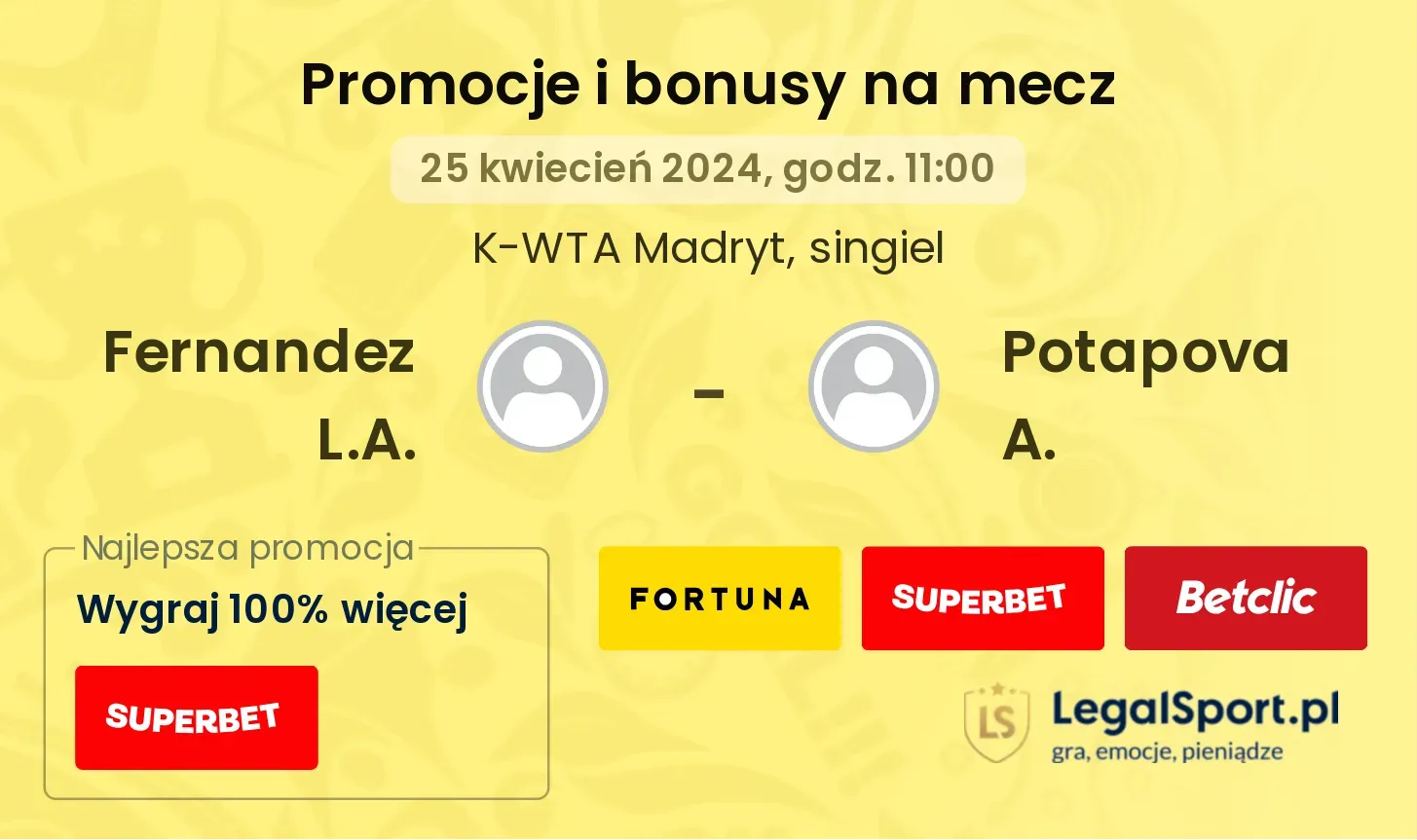 Fernandez L.A. - Potapova A. promocje bonusy na mecz