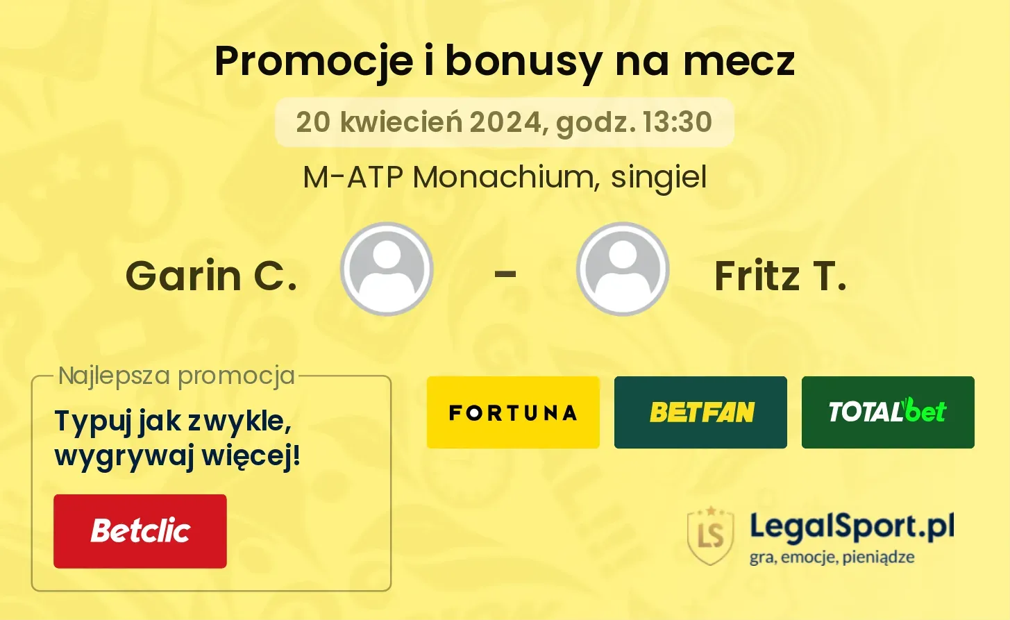 Garin C. - Fritz T. promocje bonusy na mecz