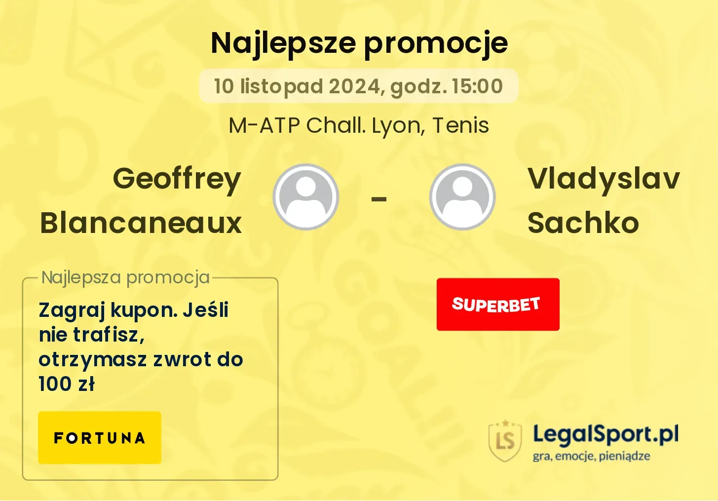 Geoffrey Blancaneaux - Vladyslav Sachko promocje u bukmacherów 10.11, 15:00