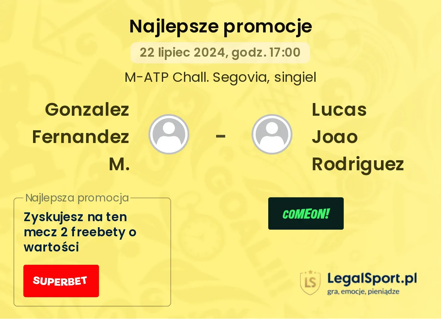 Gonzalez Fernandez M. - Lucas Joao Rodriguez promocje bukmacherskie (22.07, 17:00)
