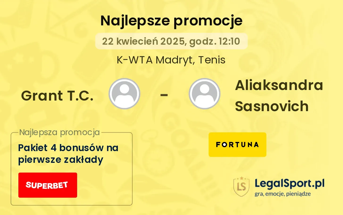 Grant T.C. - Aliaksandra Sasnovich promocje u bukmacherów