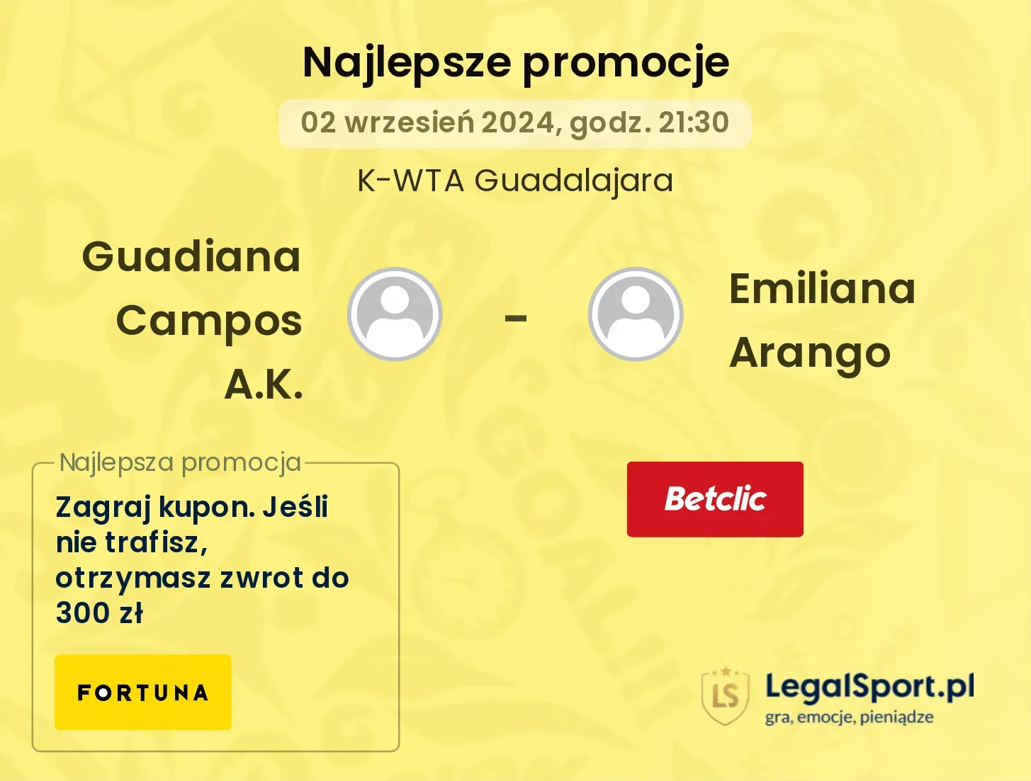 Guadiana Campos A.K. - Emiliana Arango promocje u bukmacherów 02.09, 21:30