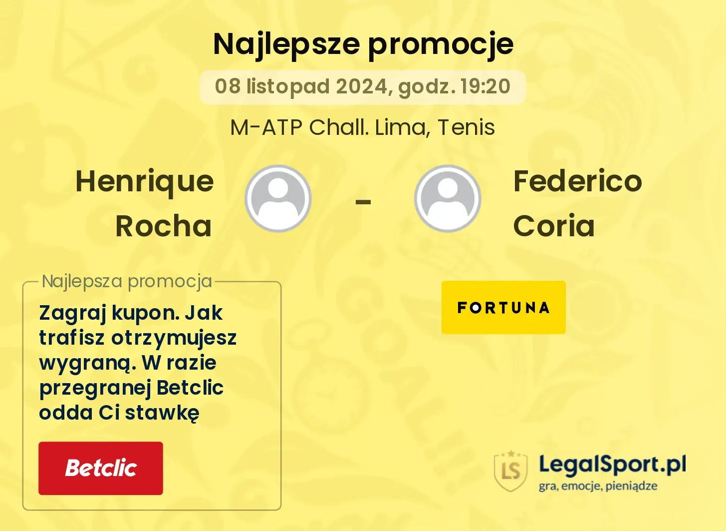 Henrique Rocha - Federico Coria promocje bukmacherskie 08.11, 19:20