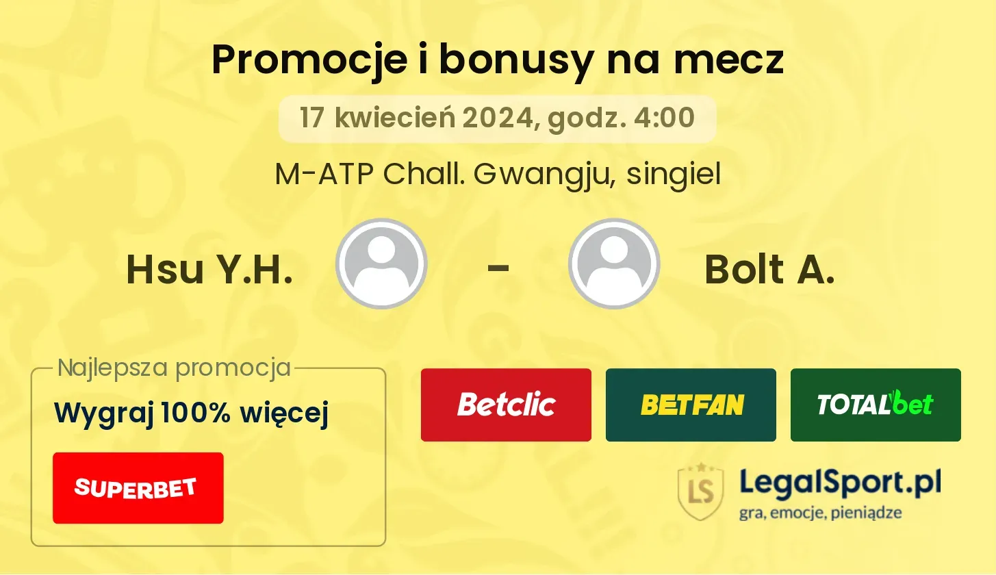 Hsu Y.H. - Bolt A. promocje bonusy na mecz