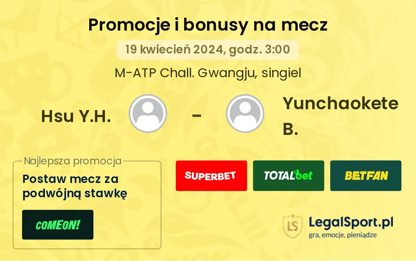 Hsu Y.H. - Yunchaokete B. promocje bonusy na mecz