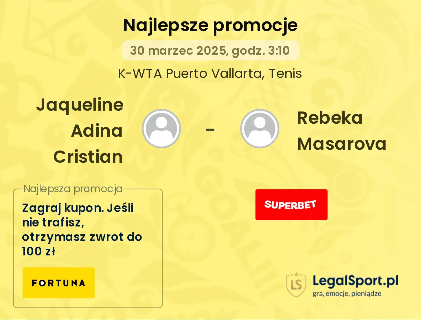 Jaqueline Adina Cristian - Rebeka Masarova promocje u bukmacherów