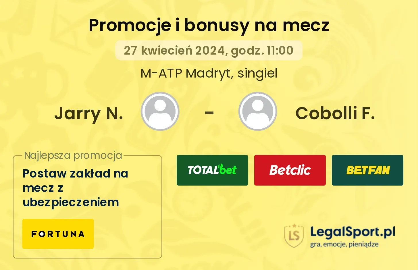 Jarry N. - Cobolli F. promocje bonusy na mecz