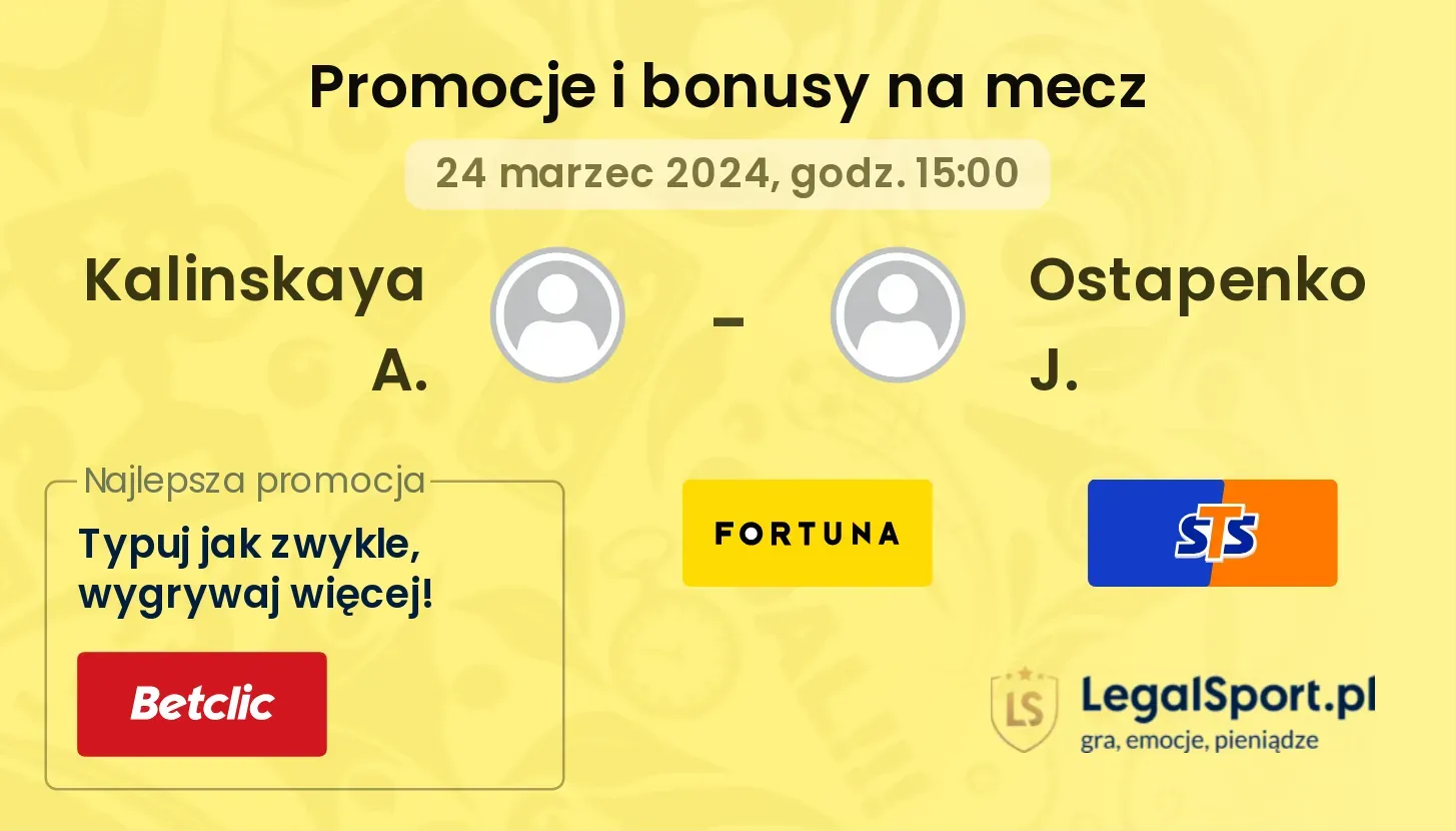 Kalinskaya A. - Ostapenko J. promocje bonusy na mecz