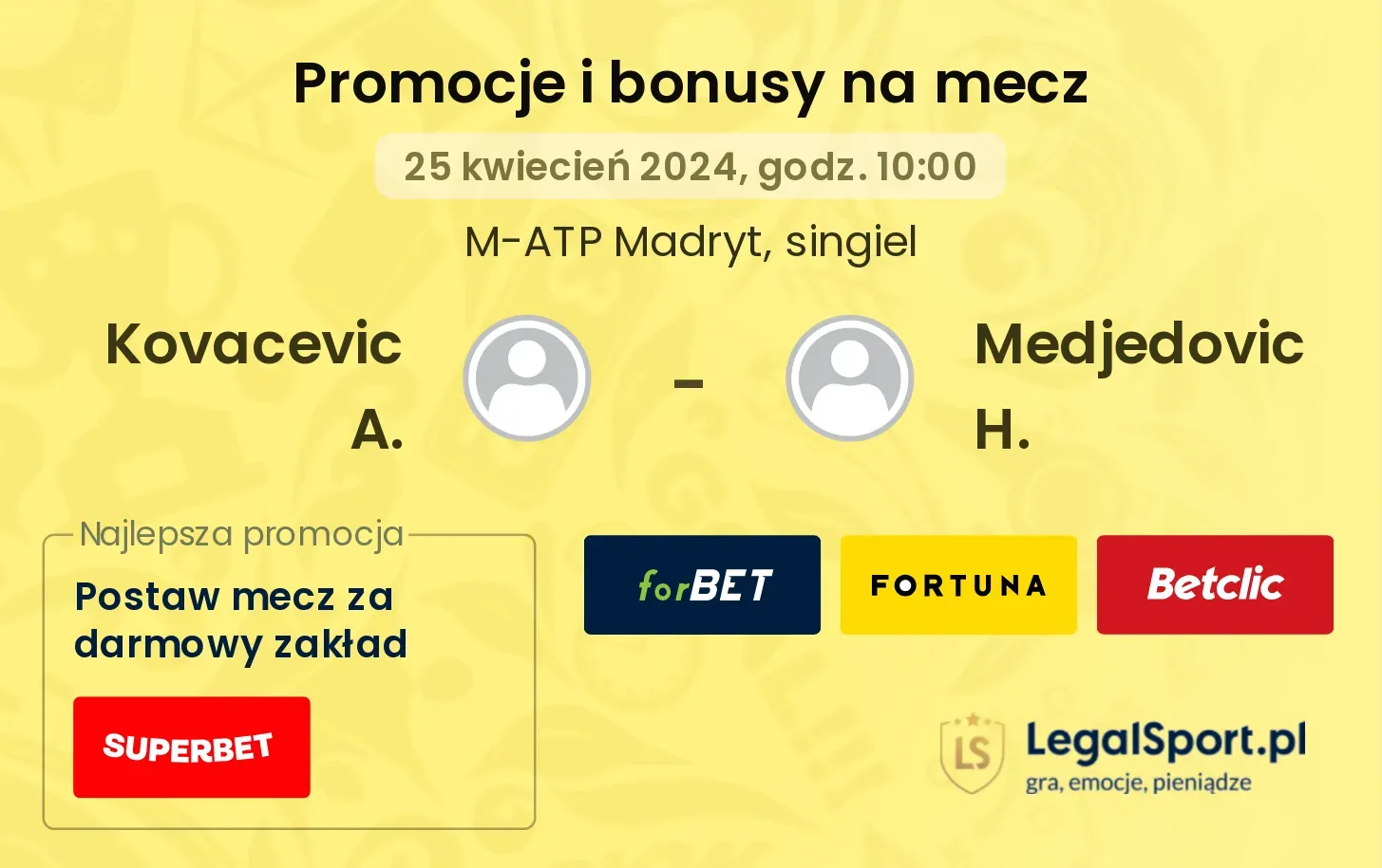 Kovacevic A. - Medjedovic H. promocje bonusy na mecz