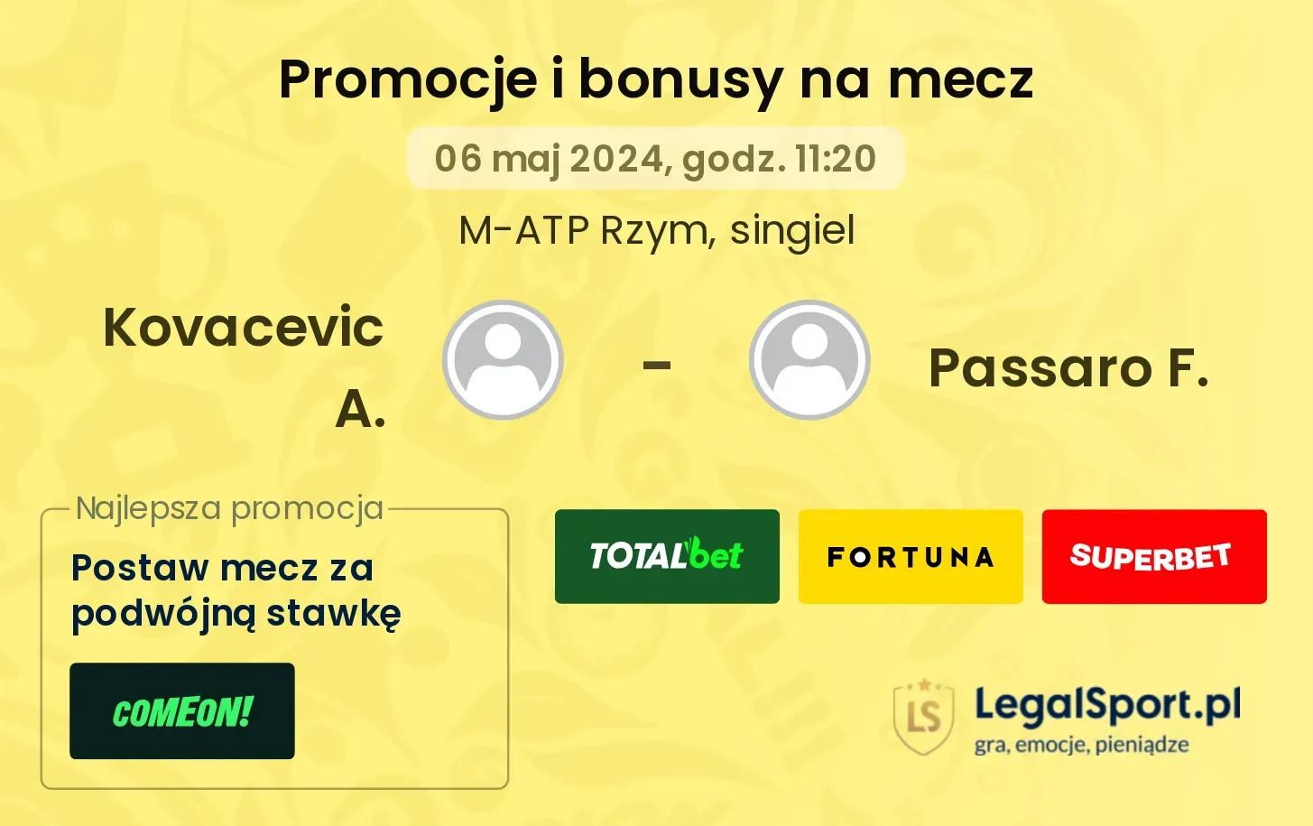 Kovacevic A. - Passaro F. promocje bonusy na mecz