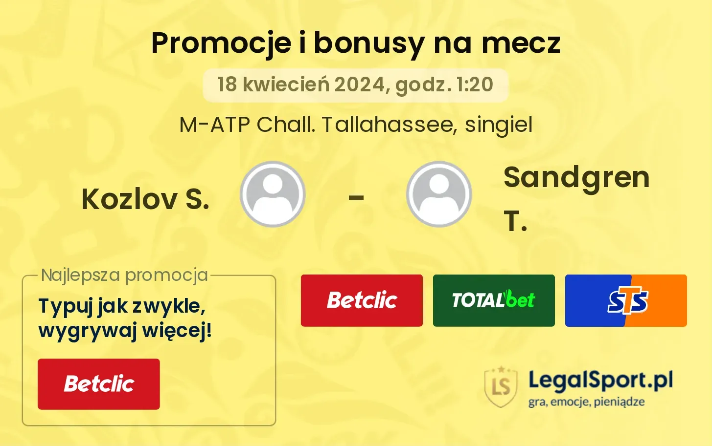 Kozlov S. - Sandgren T. promocje bonusy na mecz