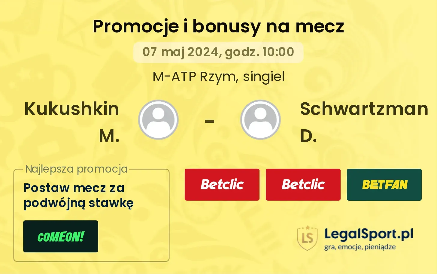 Kukushkin M. - Schwartzman D. promocje bonusy na mecz
