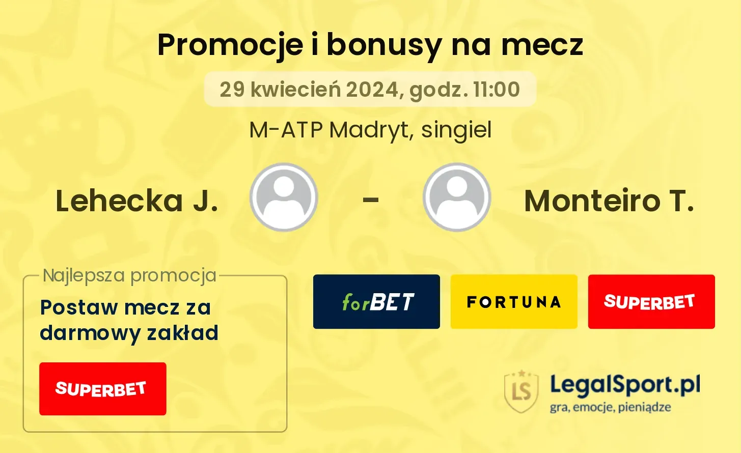Lehecka J. - Monteiro T. promocje bonusy na mecz