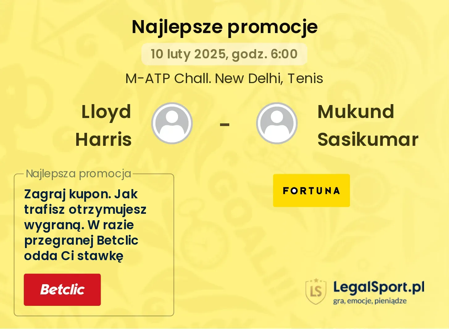 Lloyd Harris - Mukund Sasikumar promocje u bukmacherów