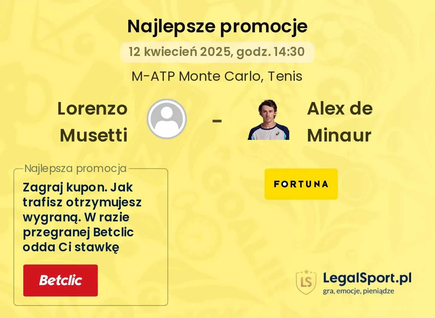 Lorenzo Musetti - Alex de Minaur promocje u bukmacherów