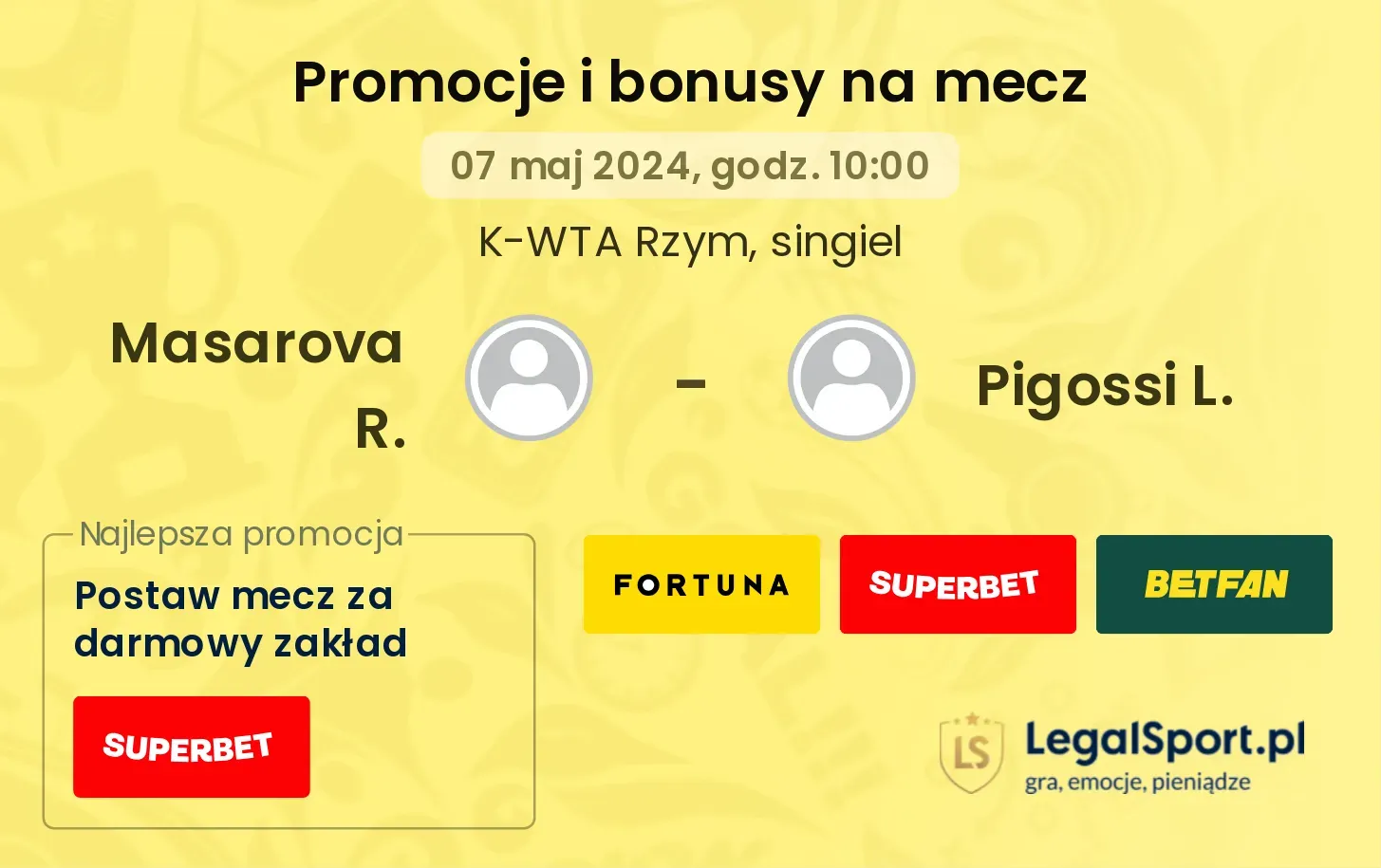 Masarova R. - Pigossi L. promocje bonusy na mecz