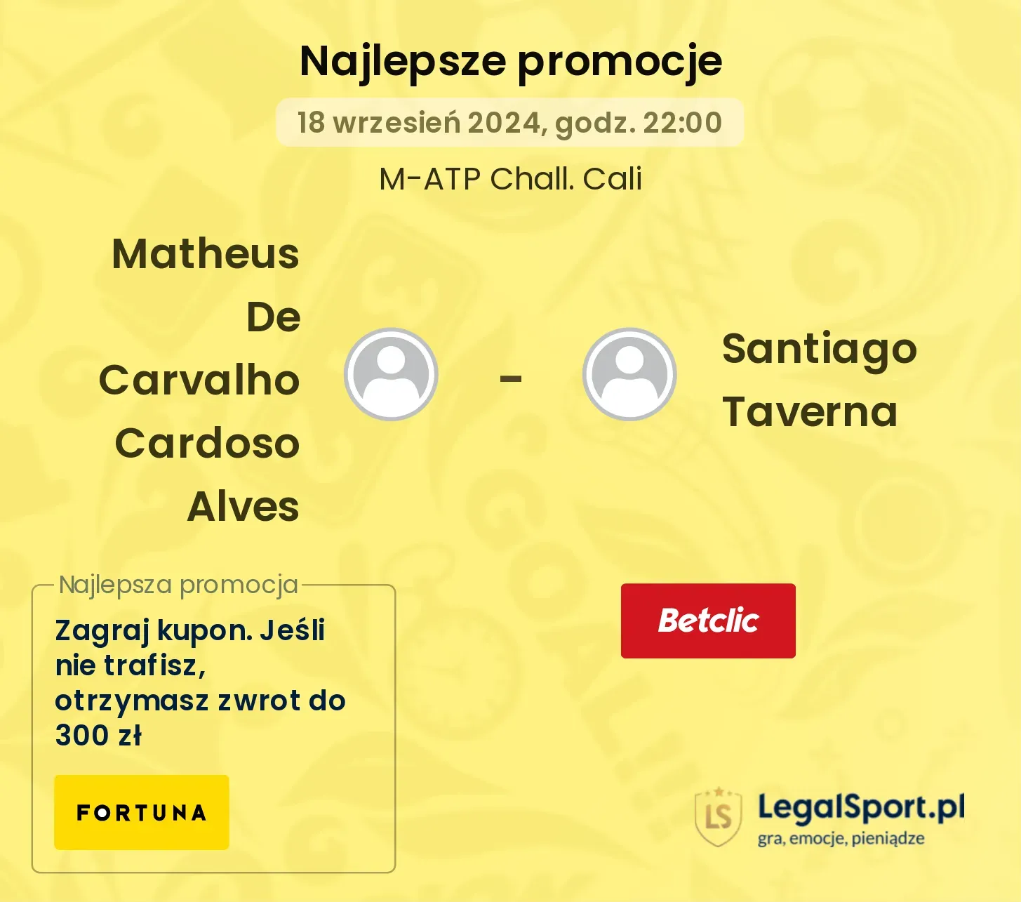 Matheus De Carvalho Cardoso Alves - Santiago Taverna promocje bukmacherskie 18.09, 22:00
