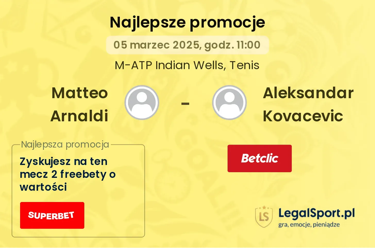 Matteo Arnaldi - Aleksandar Kovacevic promocje bukmacherskie