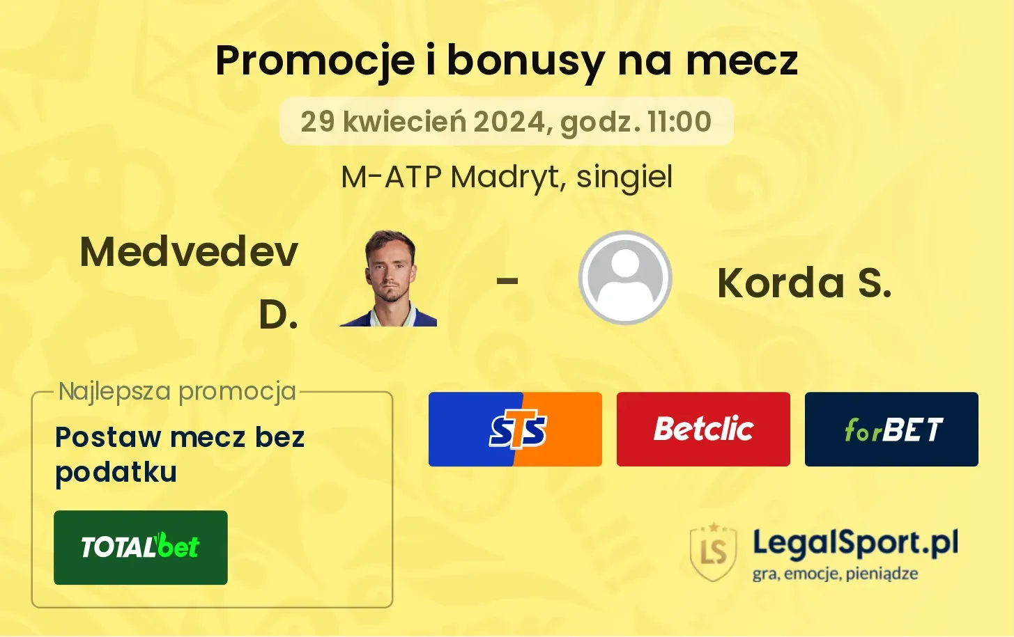 Medvedev D. - Korda S. promocje bonusy na mecz