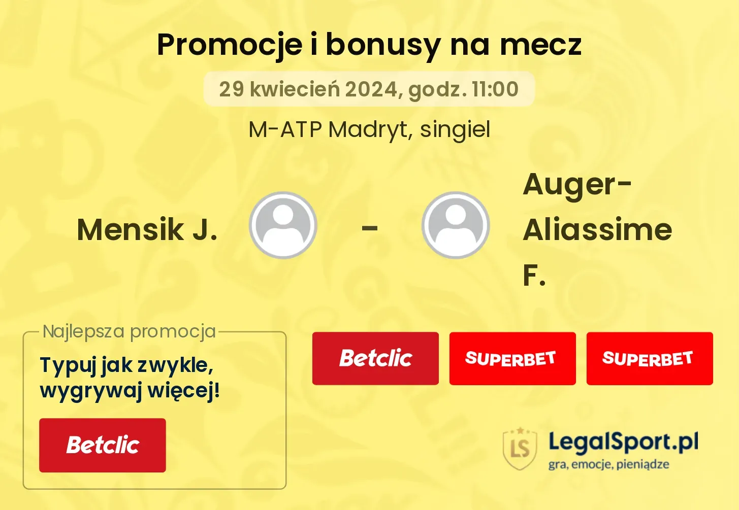 Mensik J. - Auger-Aliassime F. promocje bonusy na mecz