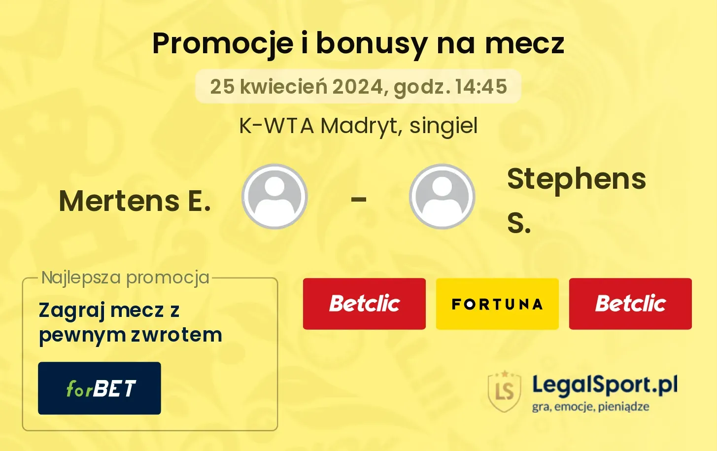 Mertens E. - Stephens S. promocje bonusy na mecz