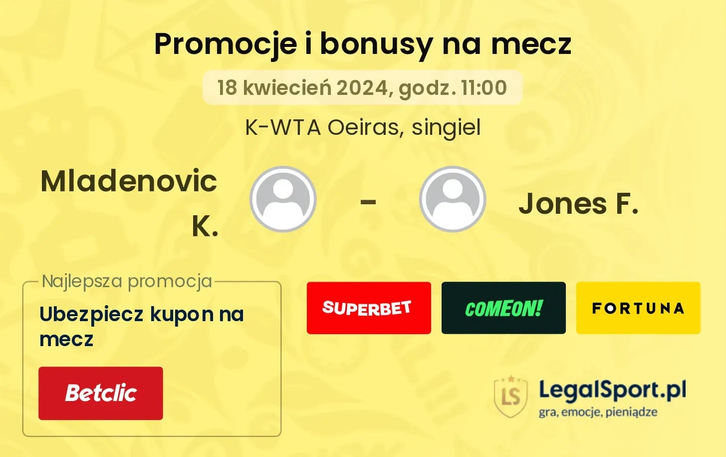 Mladenovic K. - Jones F. promocje bonusy na mecz