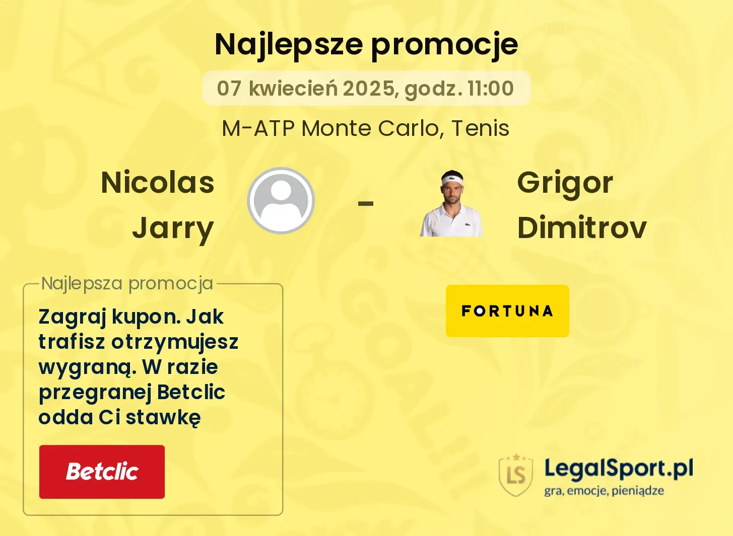 Nicolas Jarry - Grigor Dimitrov promocje u bukmacherów