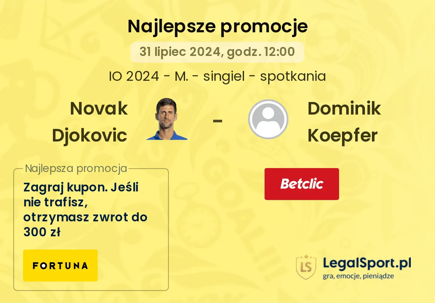 Novak Djokovic - Dominik Koepfer promocje bukmacherskie (31.07, 12:00)