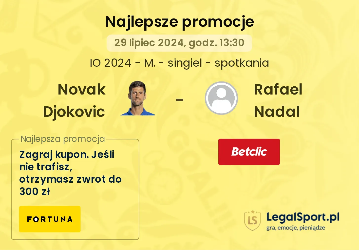 Novak Djokovic - Rafael Nadal promocje bukmacherskie (29.07, 13:30)