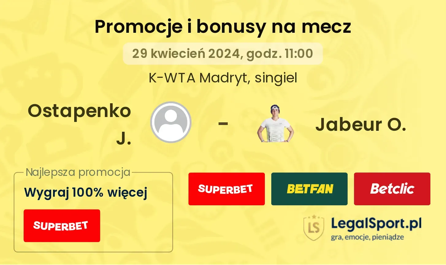 Ostapenko J. - Jabeur O. promocje bonusy na mecz