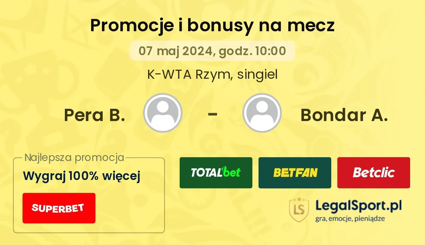 Pera B. - Bondar A. promocje bonusy na mecz