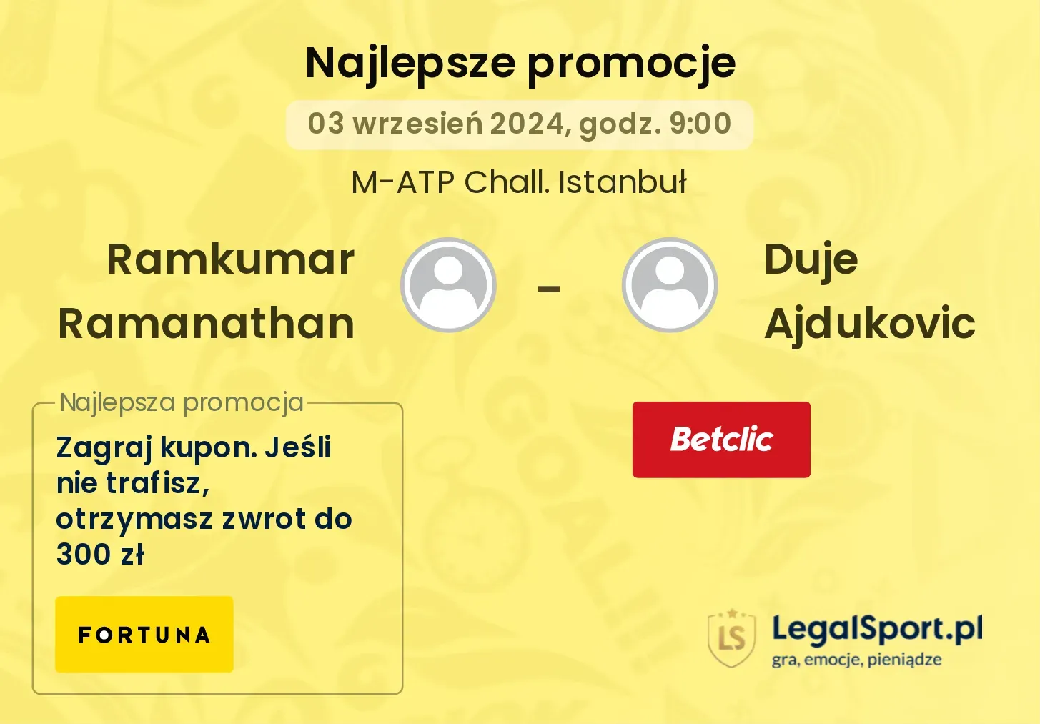 Ramkumar Ramanathan - Duje Ajdukovic promocje u bukmacherów 03.09, 09:00