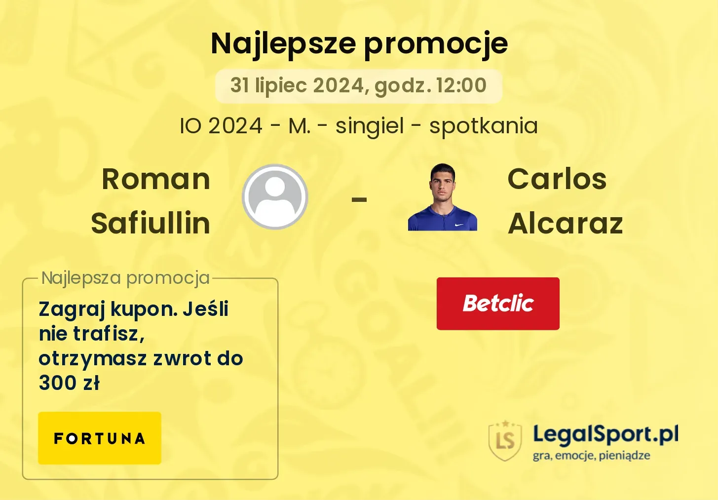 Roman Safiullin - Carlos Alcaraz promocje u bukmacherów (31.07, 12:00)
