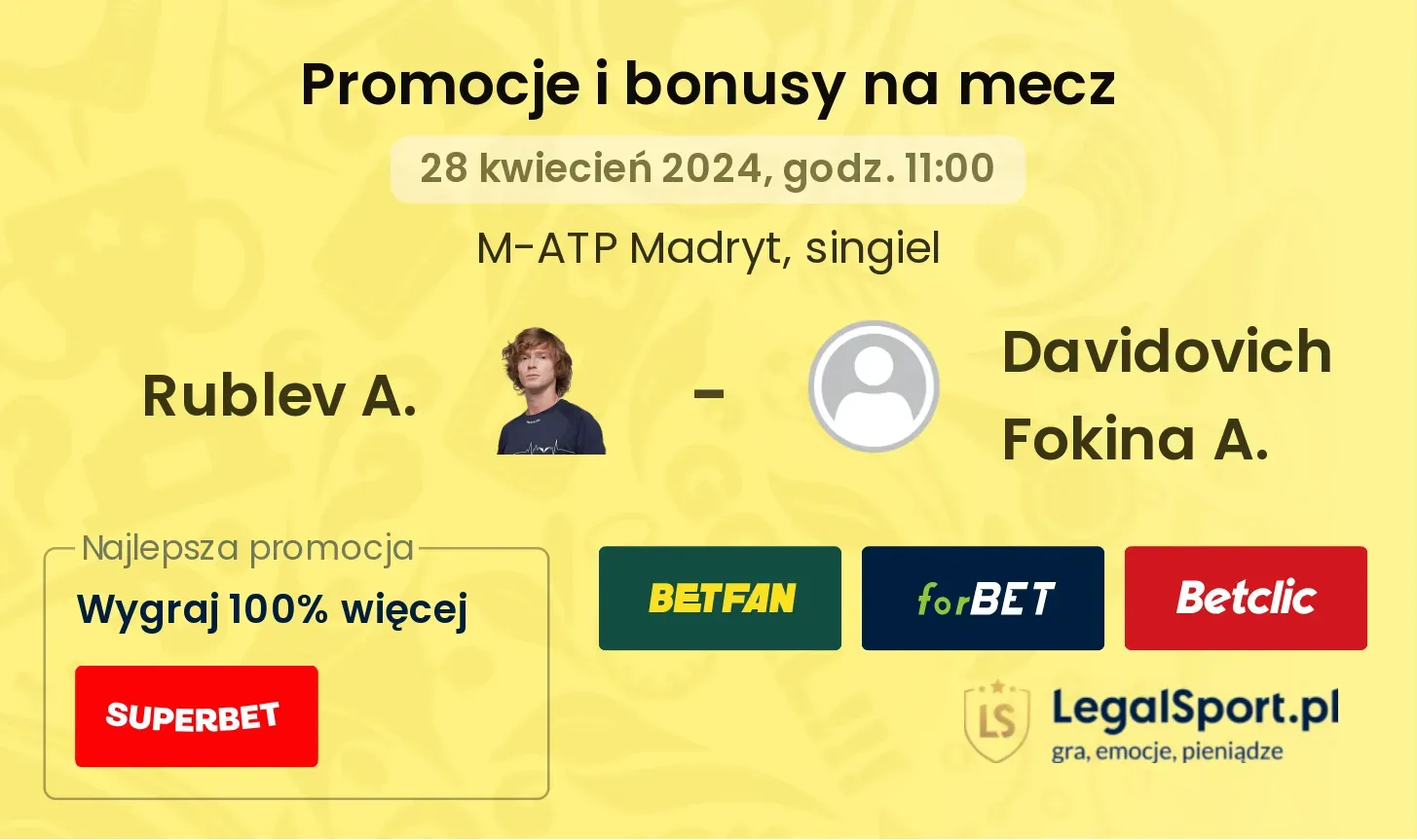 Rublev A. - Davidovich Fokina A. promocje bonusy na mecz