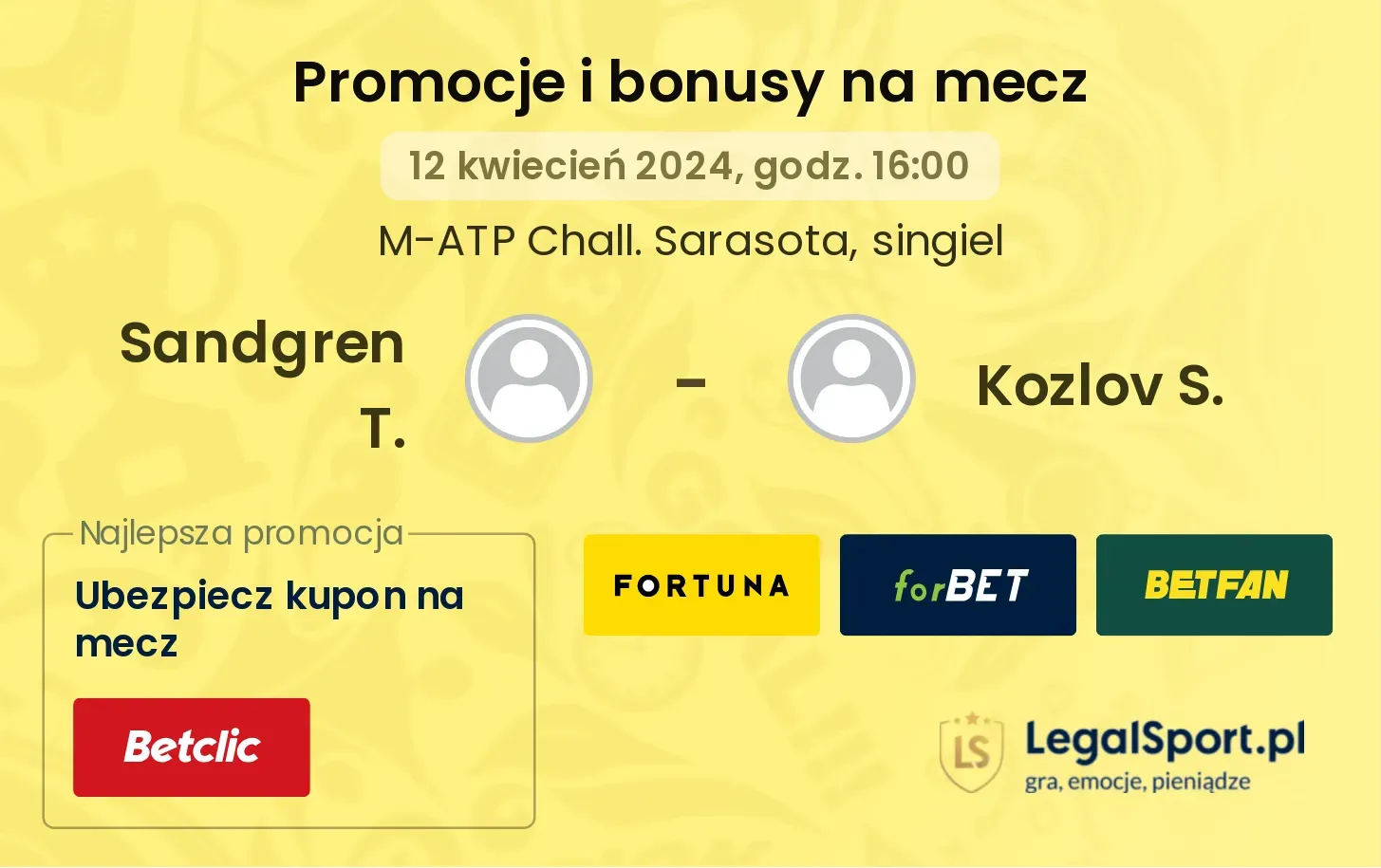 Sandgren T. - Kozlov S. promocje bonusy na mecz