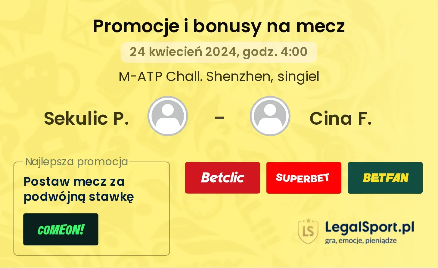 Sekulic P. - Cina F. promocje bonusy na mecz