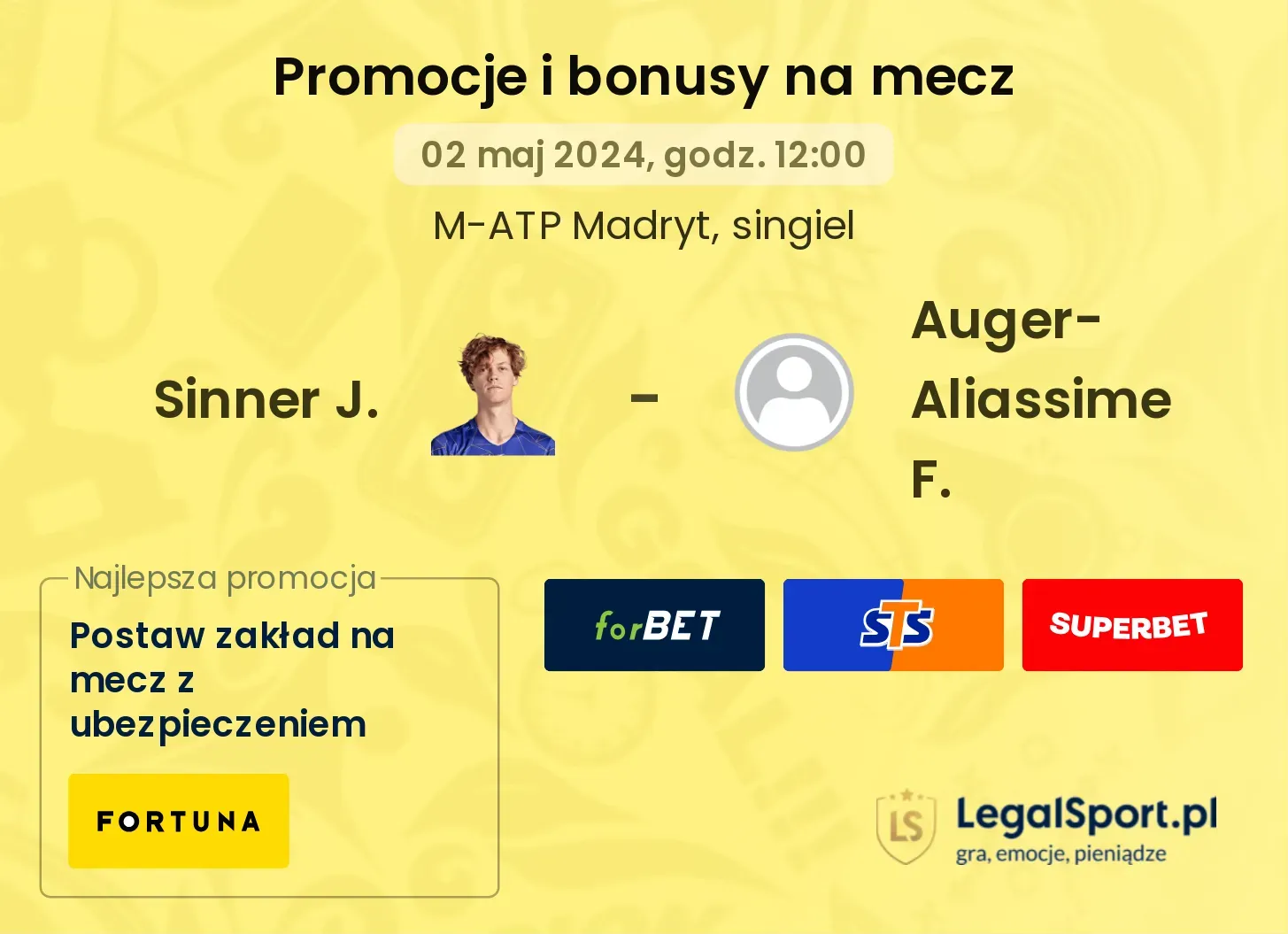 Sinner J. - Auger-Aliassime F. promocje bonusy na mecz